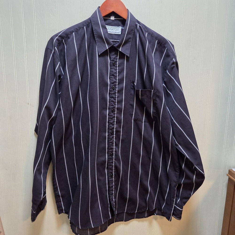 Bugatchi Shirt Mens 16.5 Black Stripe Cotton Blend Dress Long Sleeve Classic Fit
